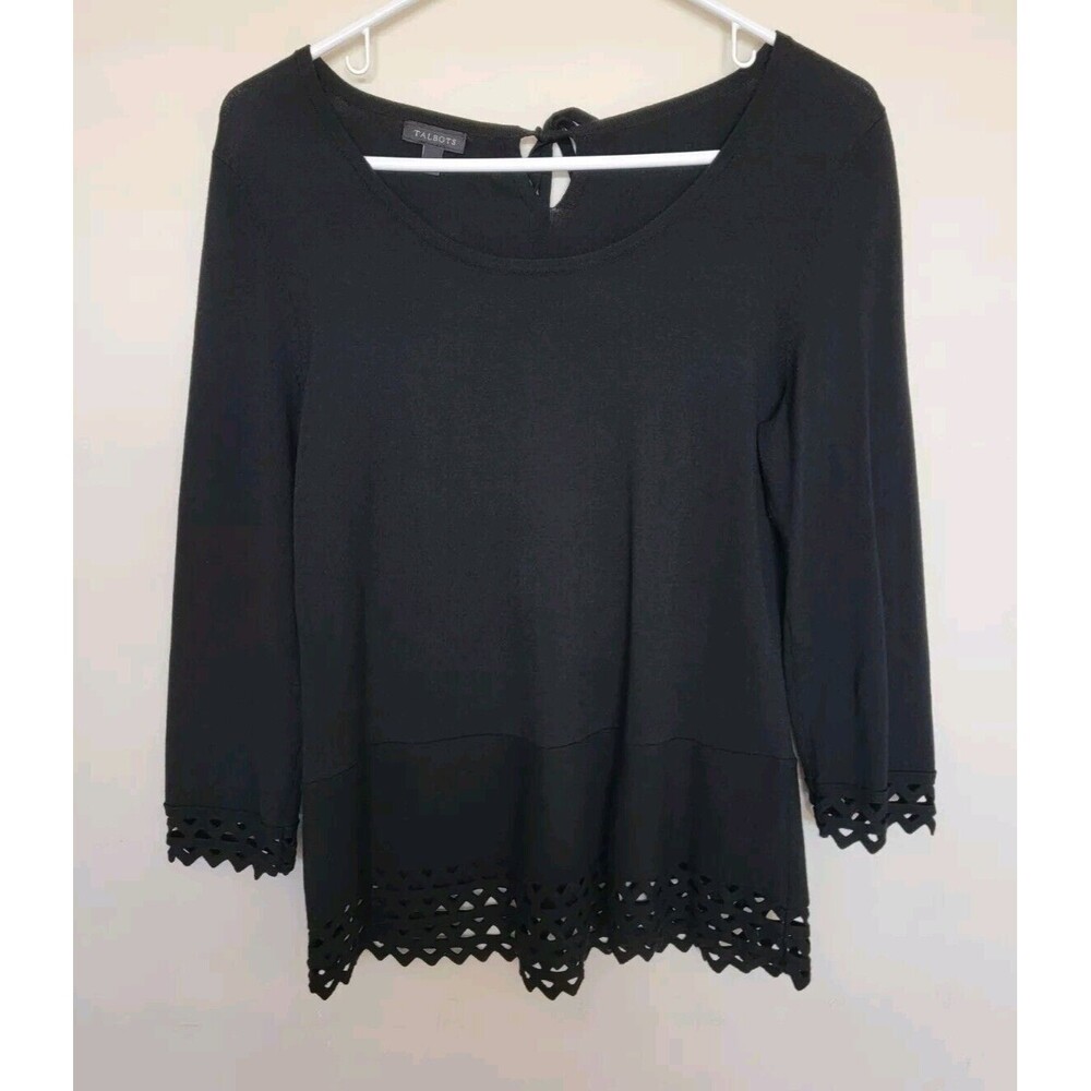 Talbots Womens Black 3/4 Sleeve Tie Back Sweater Size Small